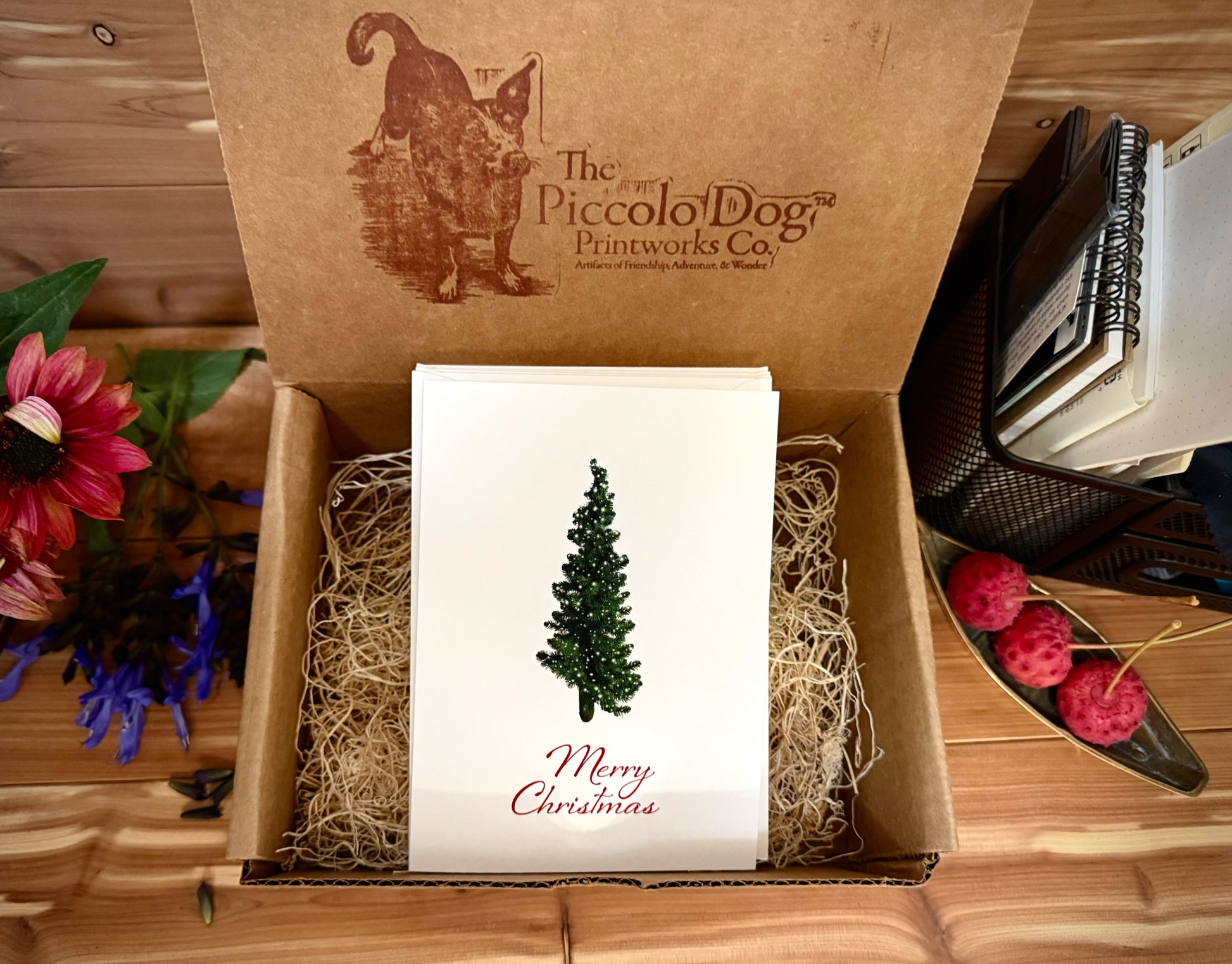 Christmas card with a tree design in a box from The Piccolo Dog Printworks Co.