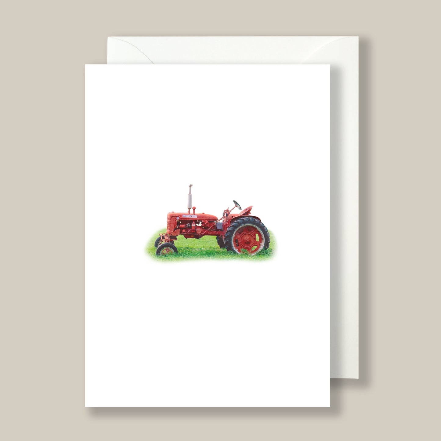 Greeting card with a red tractor illustration on a white background