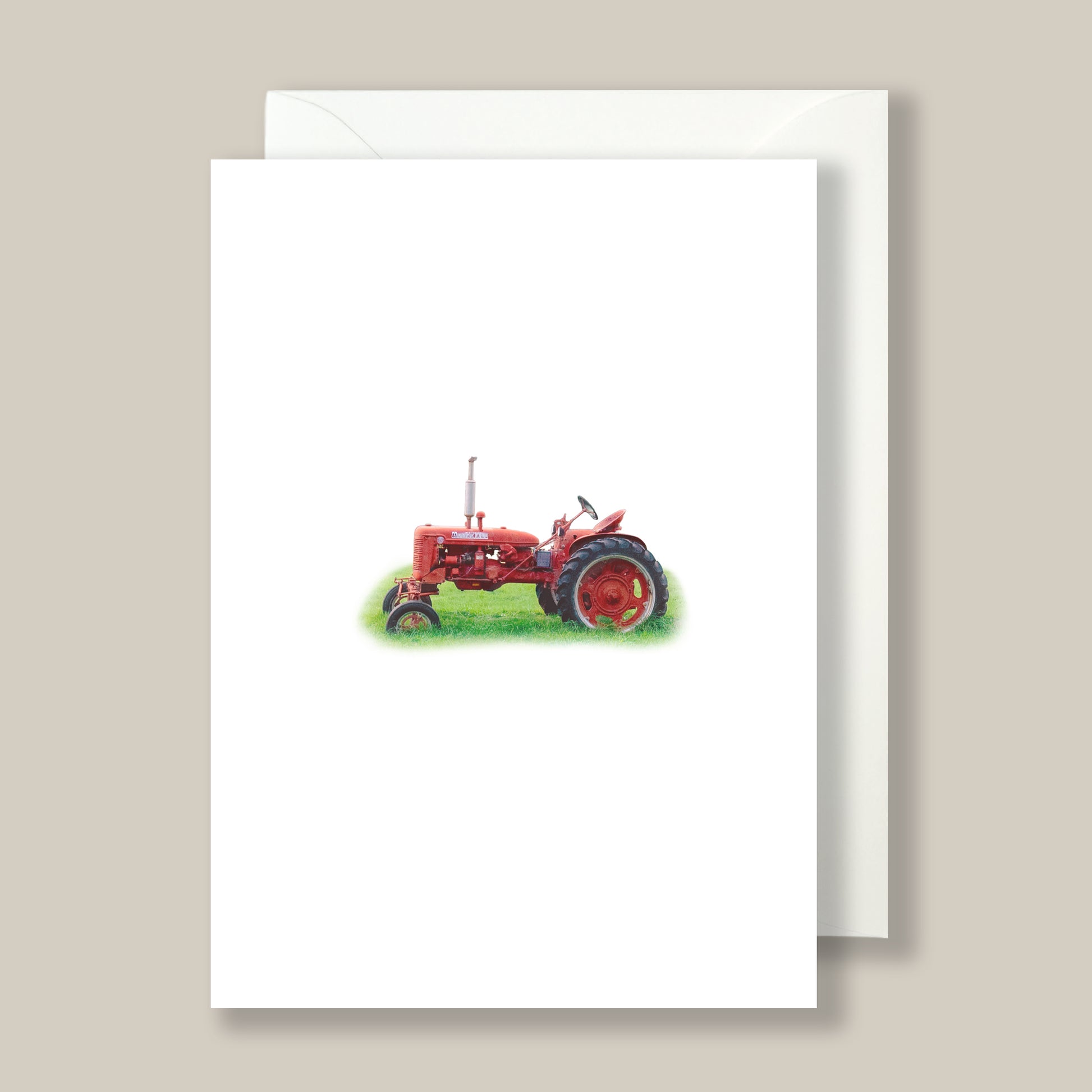 Greeting card with a red tractor illustration on a white background