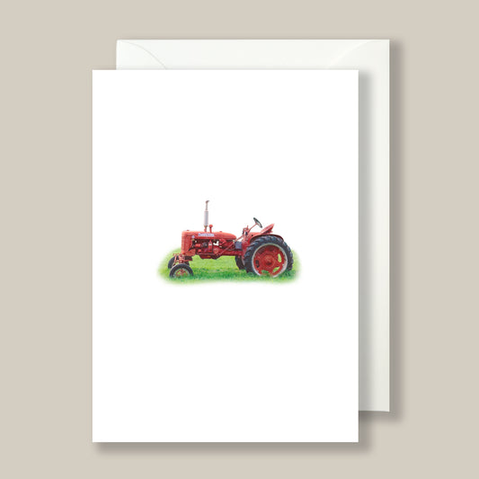 Greeting card with a red tractor illustration on a white background