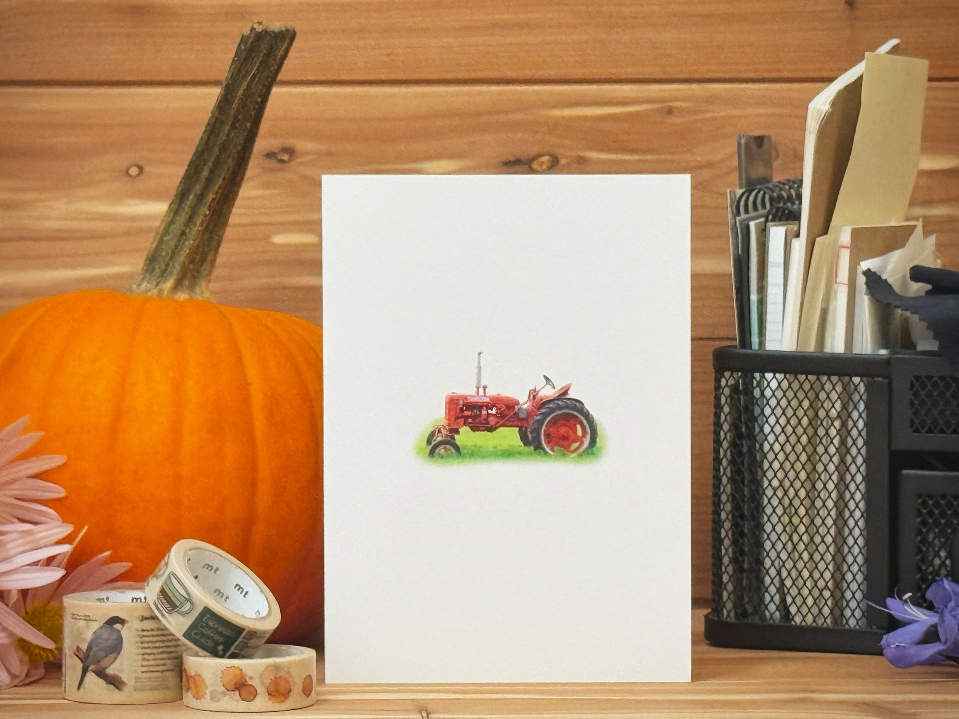 Red Tractor Motif note cards, autumn setting